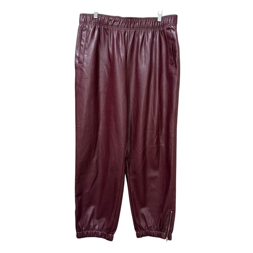 Avec Les Filles Faux Leather Jogger Pants Burgundy Wine XL Elastic Waist Zip Hem